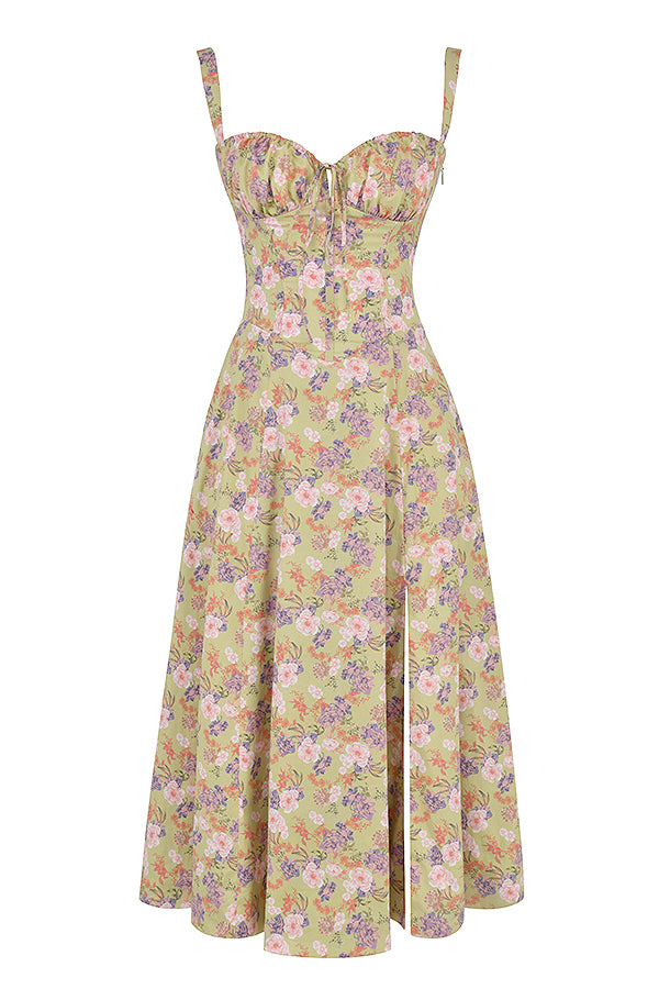 Floral Square Neck Bustier Sundress - Sleeveless Y2k Midi Dress with Slit and Corset Back