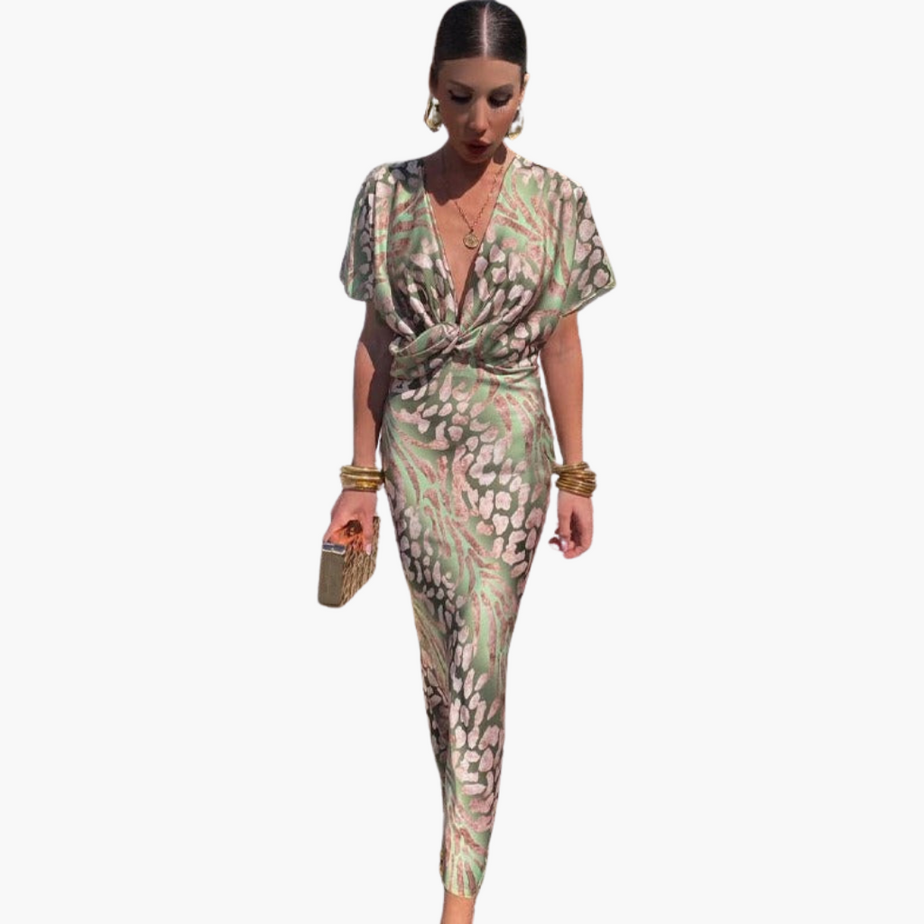 Ankle-Length Dress – V-Neck – Knotted Front Detail