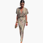 Ankle-Length Dress – V-Neck – Knotted Front Detail