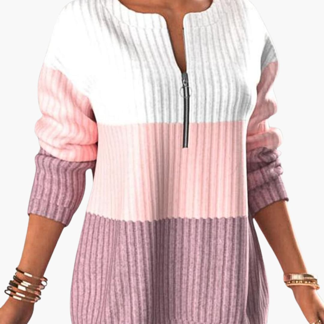 Pullover Sweater – Zip Neckline – Ribbed Texture