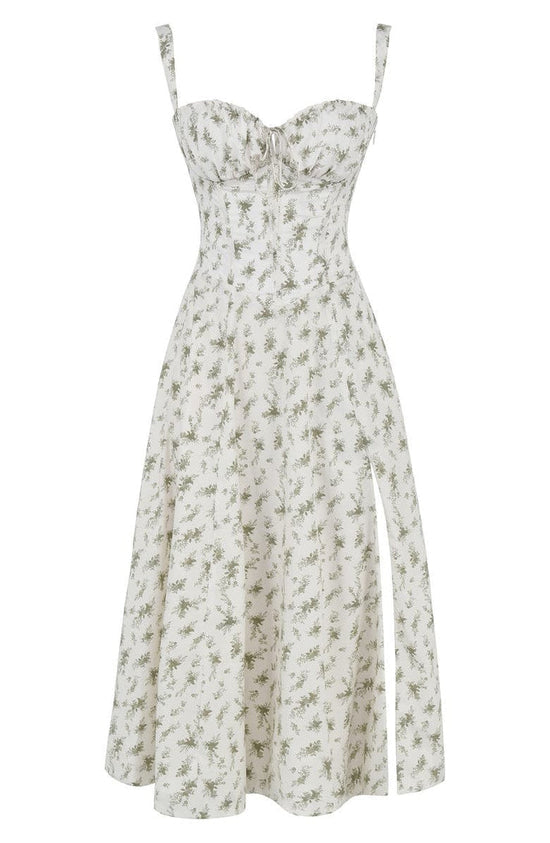 Floral Square Neck Bustier Sundress - Sleeveless Y2k Midi Dress with Slit and Corset Back
