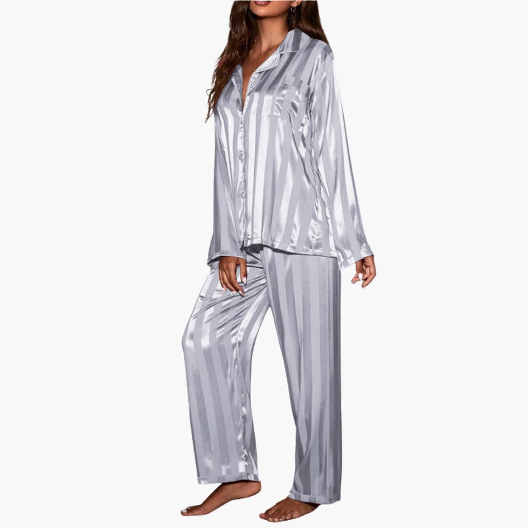 Satin Pajama Set – Button-Front Top – Striped Pattern