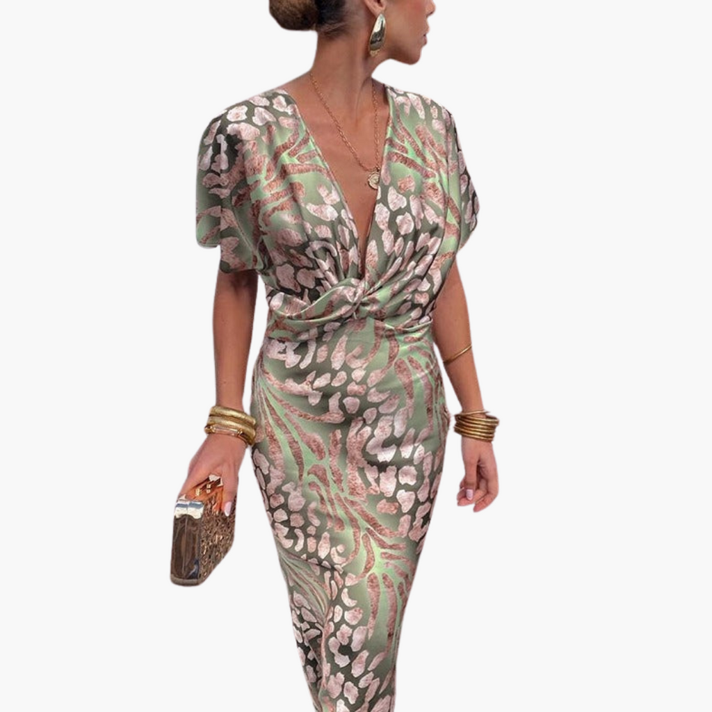 Ankle-Length Dress – V-Neck – Knotted Front Detail