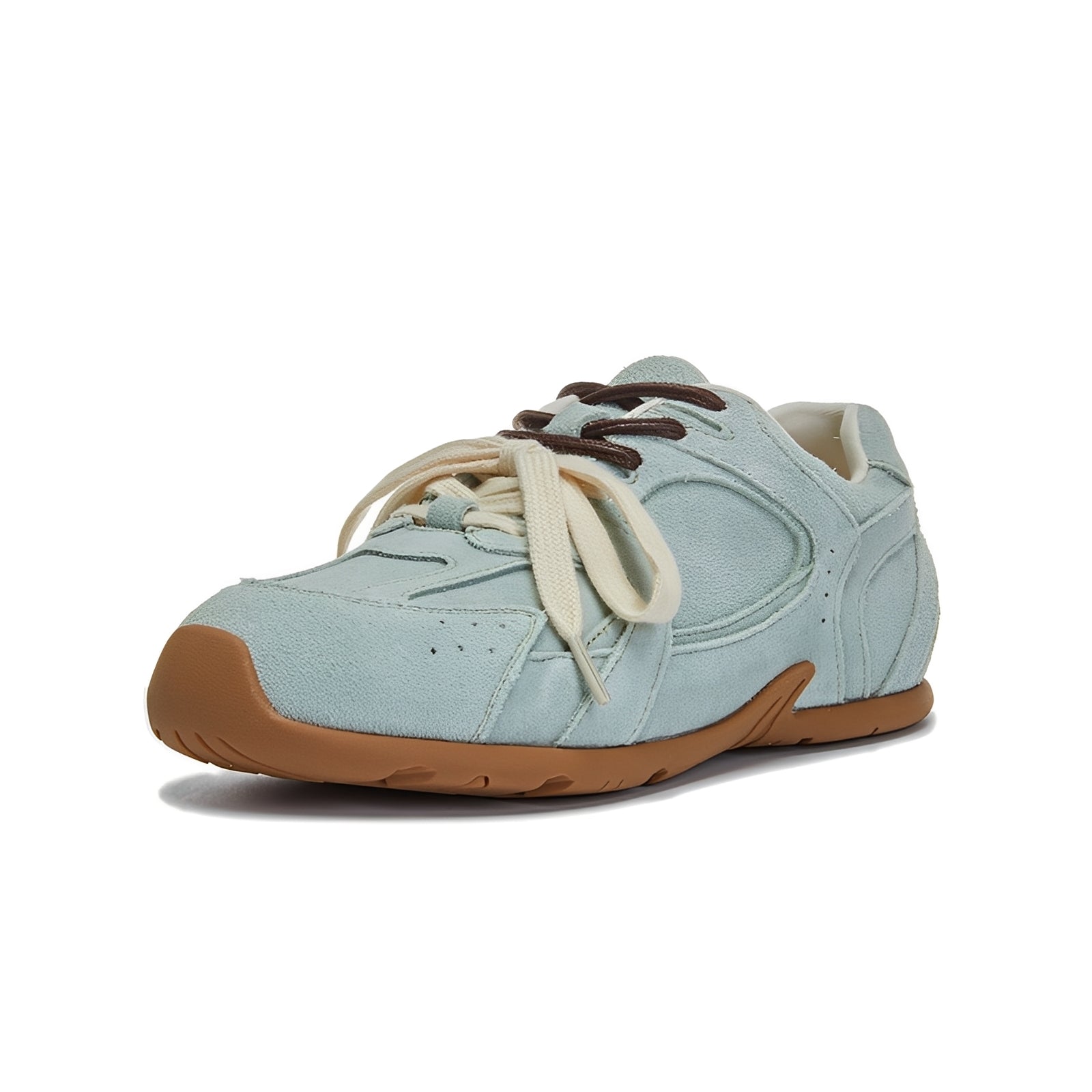 Light blue sneaker with brown sole on a white background