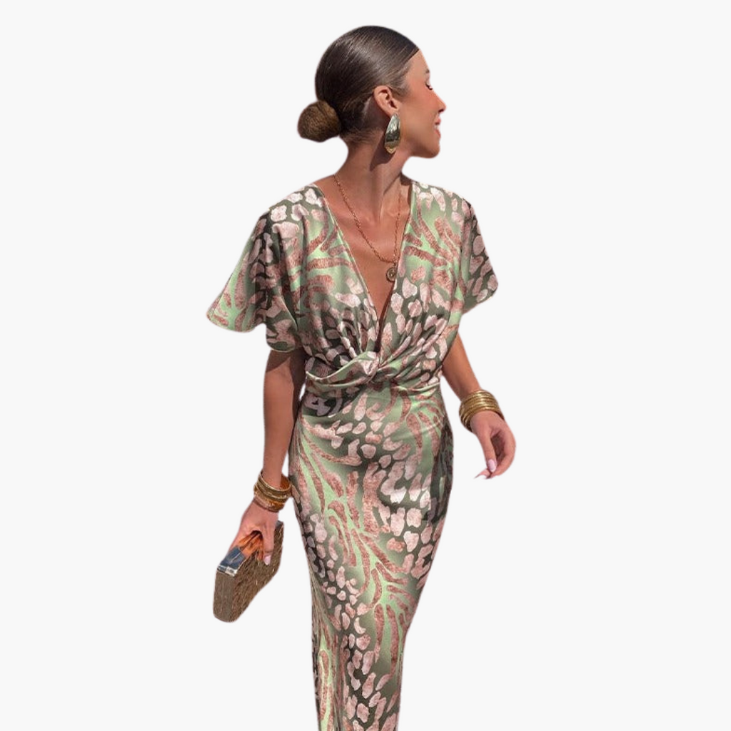 Ankle-Length Dress – V-Neck – Knotted Front Detail