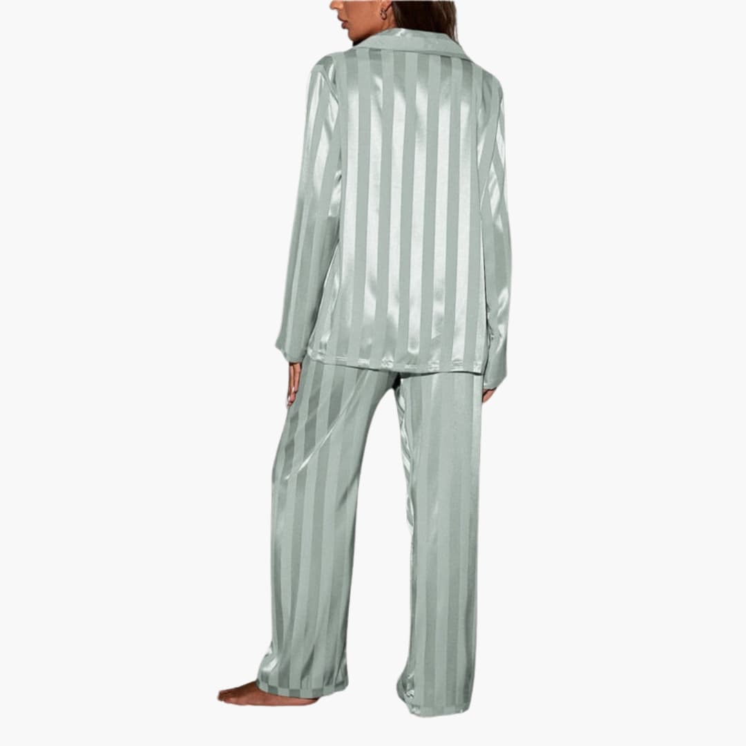 Satin Pajama Set – Button-Front Top – Striped Pattern