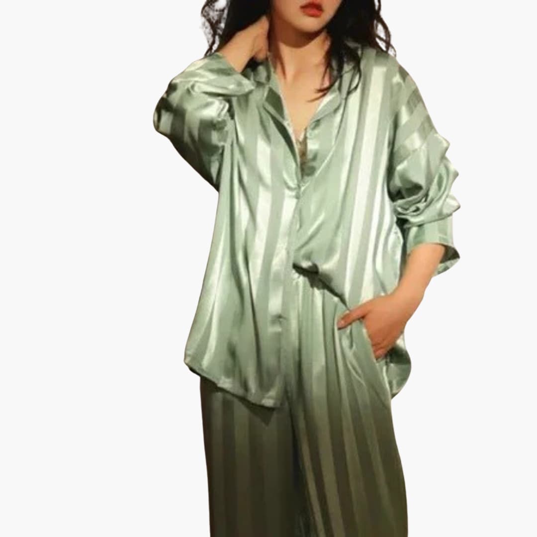 Satin Pajama Set – Long Sleeve Shirt – Matching Pants