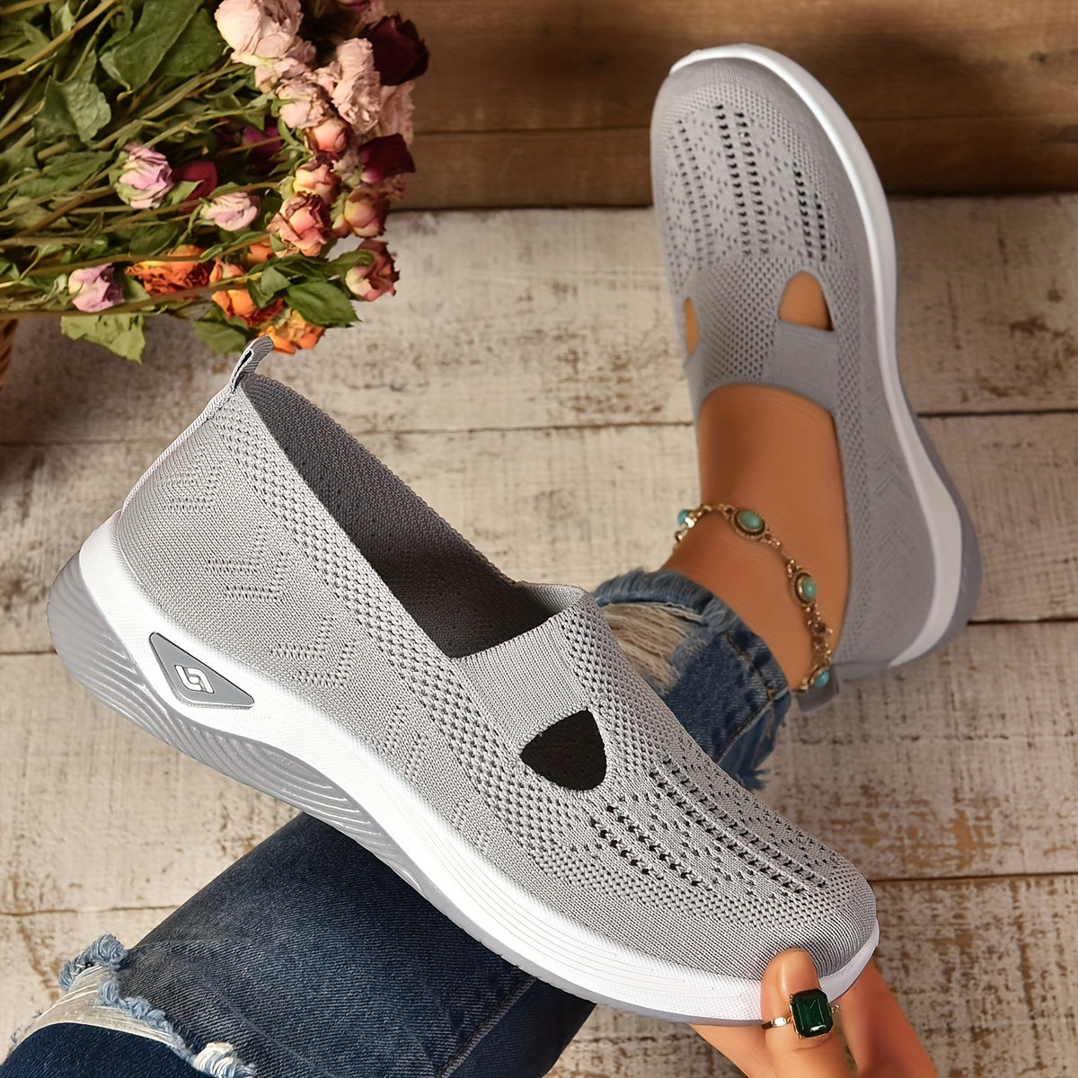 Women's Breathable Knit Sneakers - Casual Slip-On Walking Shoes with Soft PVC Sole