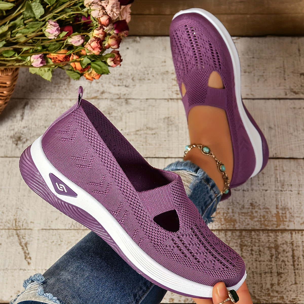 Women's Breathable Knit Sneakers - Casual Slip-On Walking Shoes with Soft PVC Sole