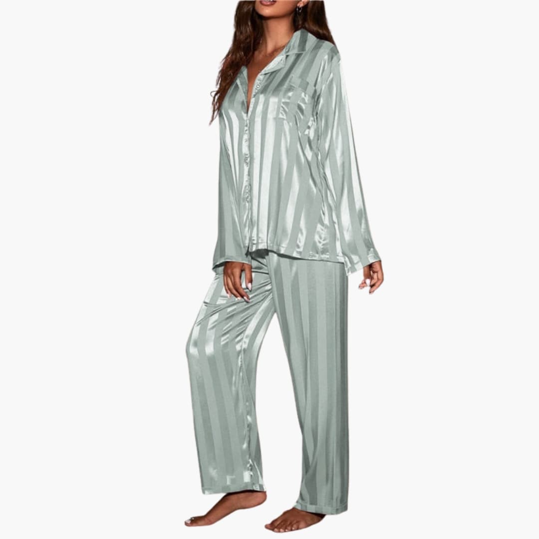 Satin Pajama Set – Button-Front Top – Striped Pattern