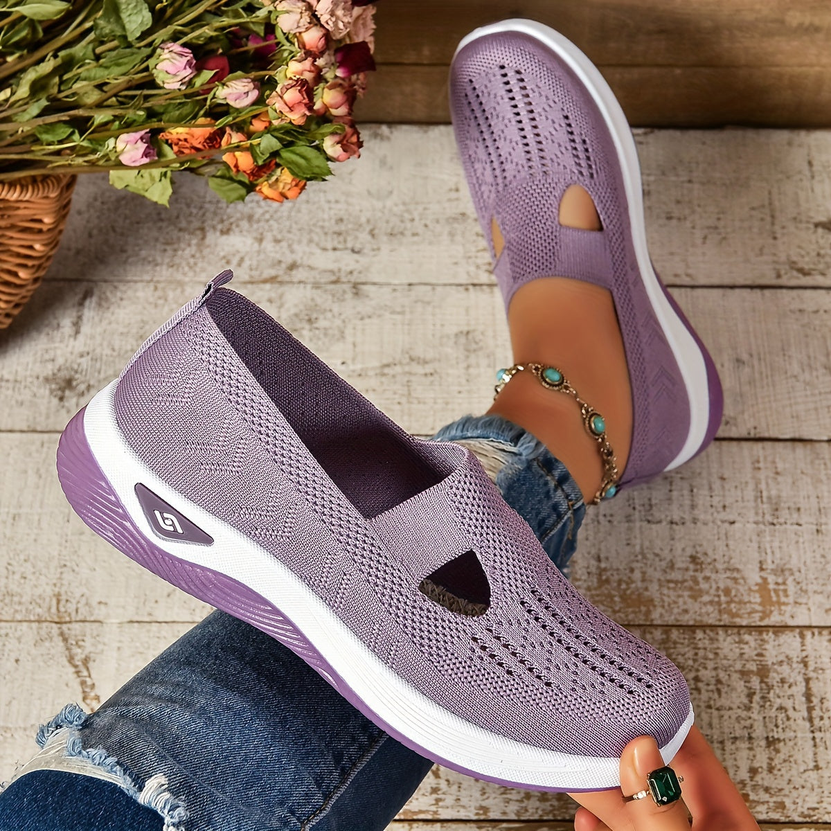 Women's Breathable Knit Sneakers - Casual Slip-On Walking Shoes with Soft PVC Sole