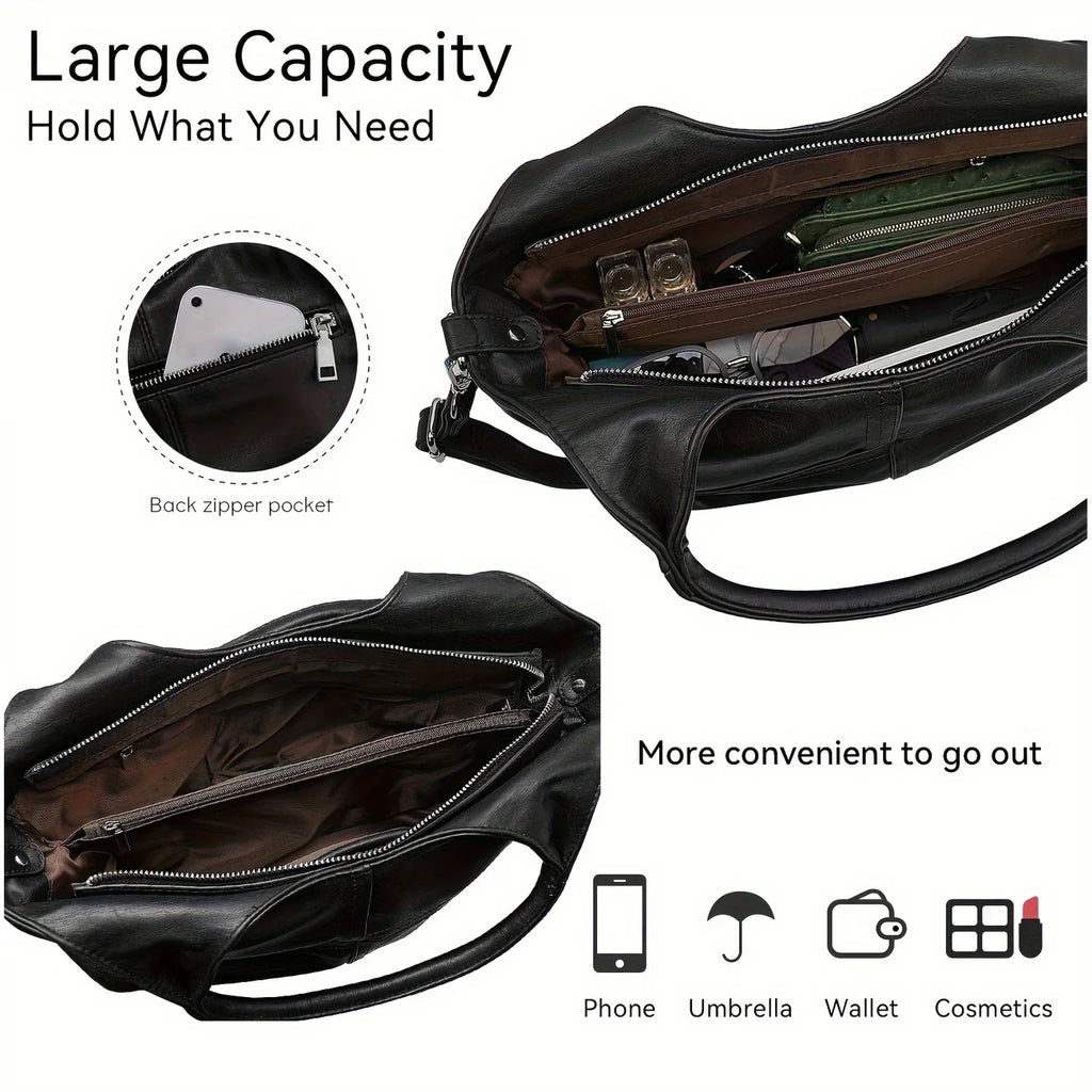 Black leather bag with open compartments showing a back zipper pocket, and text highlighting its large capacity.