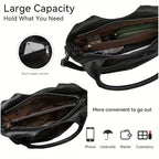 Black leather bag with open compartments showing a back zipper pocket, and text highlighting its large capacity.
