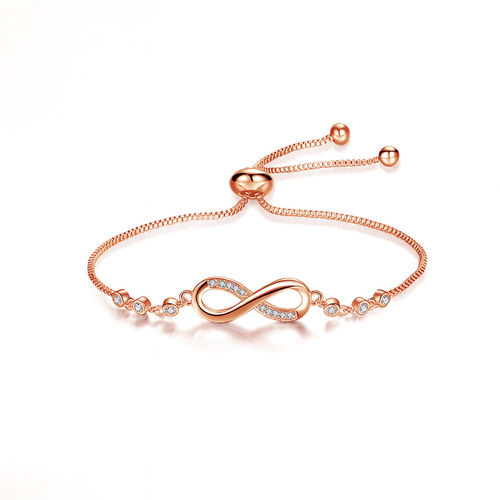 Rose gold infinity bracelet with adjustable chain, adorned with sparkling crystals, elegant jewelry piece, perfect for fashion and gift occasions.