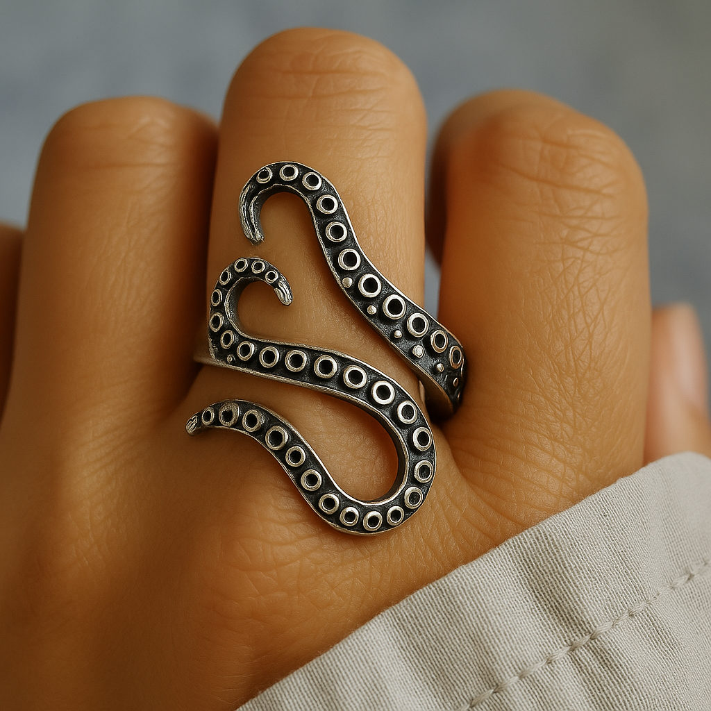 Silver octopus tentacle ring on a person's finger with a neutral background