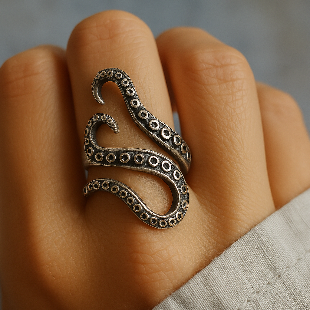 Silver octopus tentacle ring on a person's finger with a neutral background