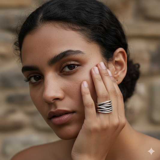 A woman with curly hair wearing a stylish silver ring on her finger, posing against a stone wall background. Fashion jewelry, elegant accessory.