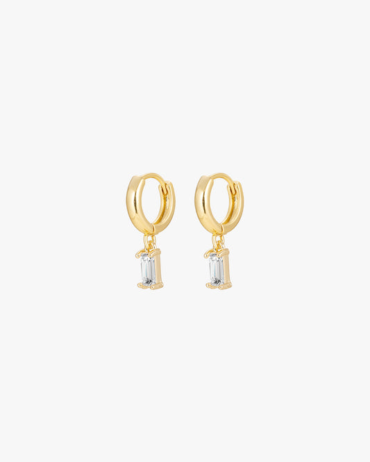 Gold Hoop Earrings with Clear Baguette Drop Charm – Elegant Minimalist Jewelry