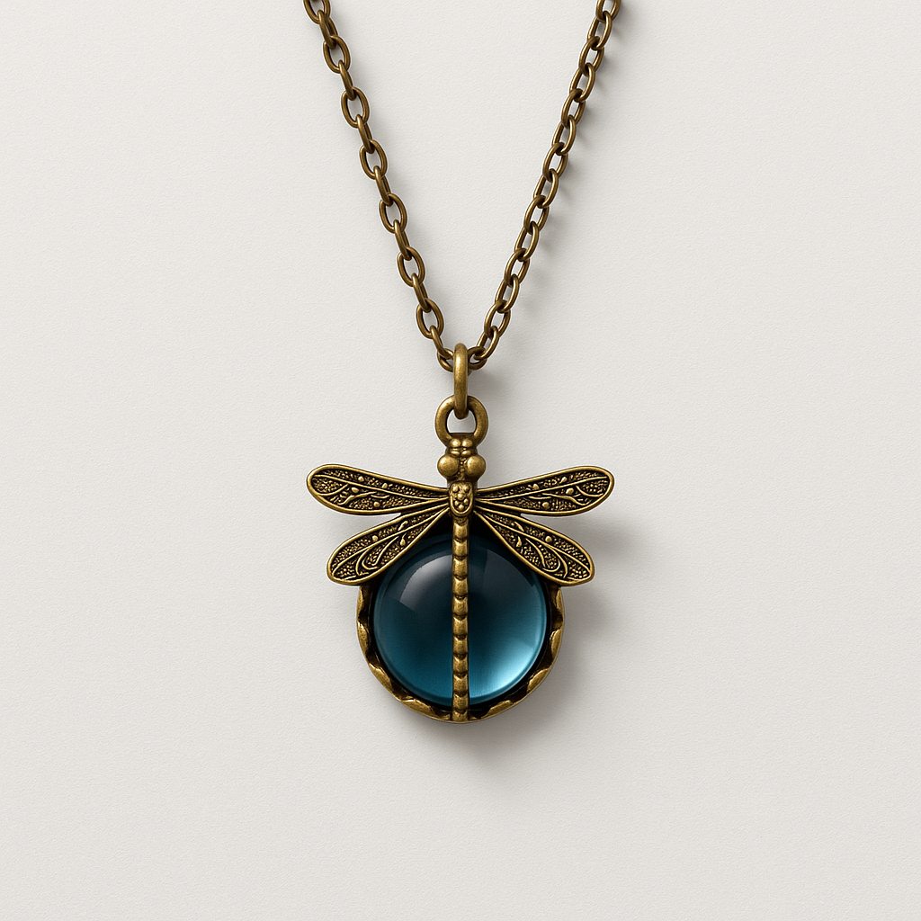 Antique bronze dragonfly pendant necklace with intricate detailing and a blue gemstone center, on a matching chain. Vintage jewelry accessory.
