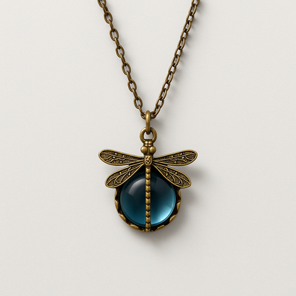 Antique bronze dragonfly pendant necklace with intricate detailing and a blue gemstone center, on a matching chain. Vintage jewelry accessory.