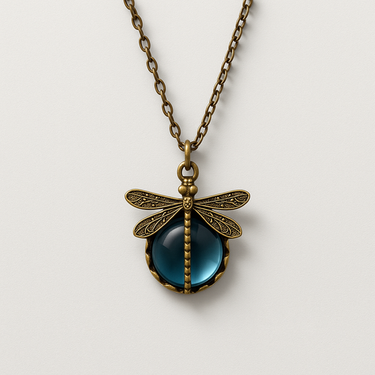 Antique bronze dragonfly pendant necklace with intricate detailing and a blue gemstone center, on a matching chain. Vintage jewelry accessory.