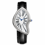 Unique-shaped watch with black strap and white face on a white background