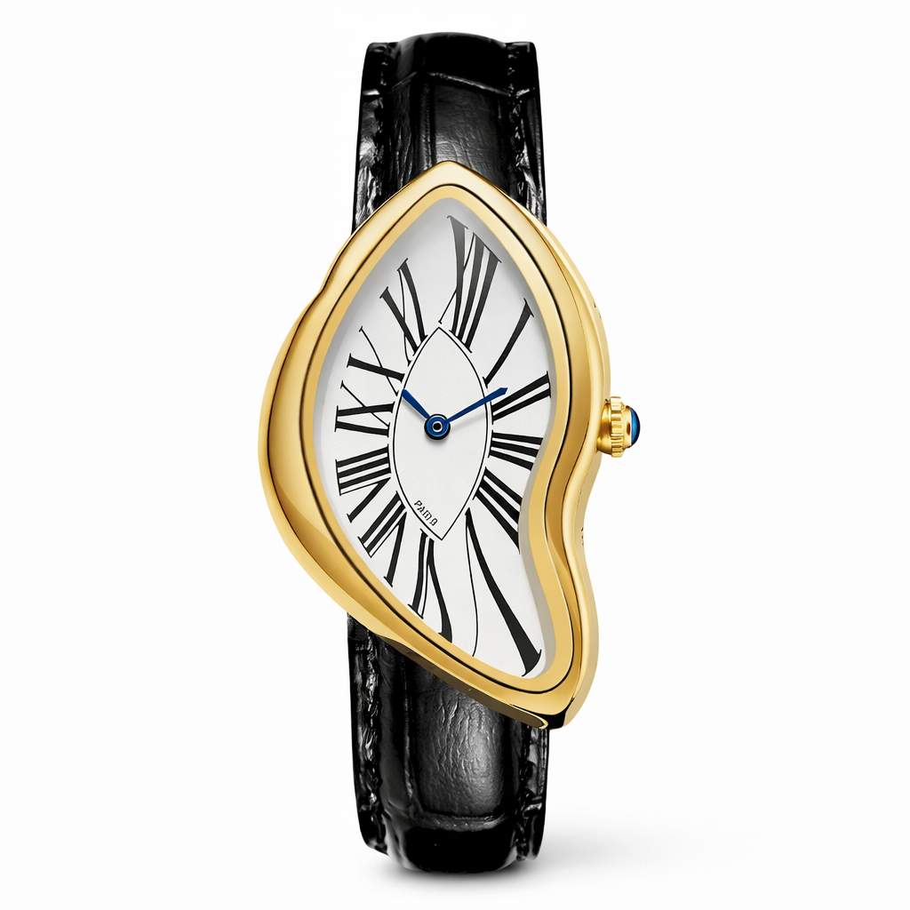 Gold-framed watch with black strap on a white background