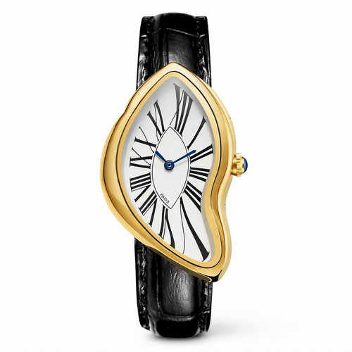 Gold-framed watch with black strap on a white background