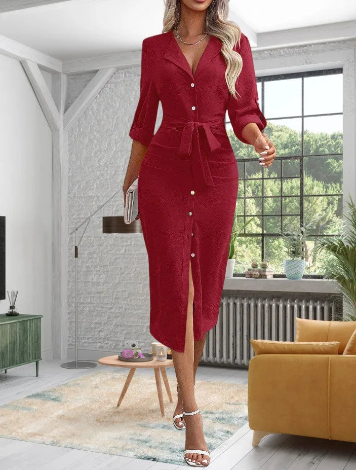 Autumn Elegance Midi Dress – Stylish Lapel Tie Design for Versatile Day to Night Wear