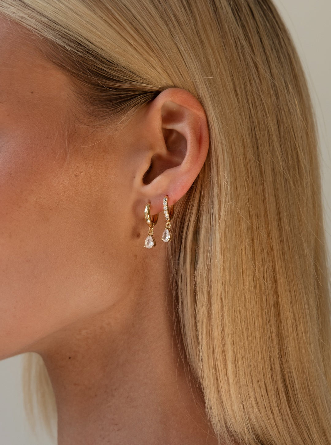 Gold-Plated Drop Hoop Earrings with Cubic Zirconia – Teardrop Accent