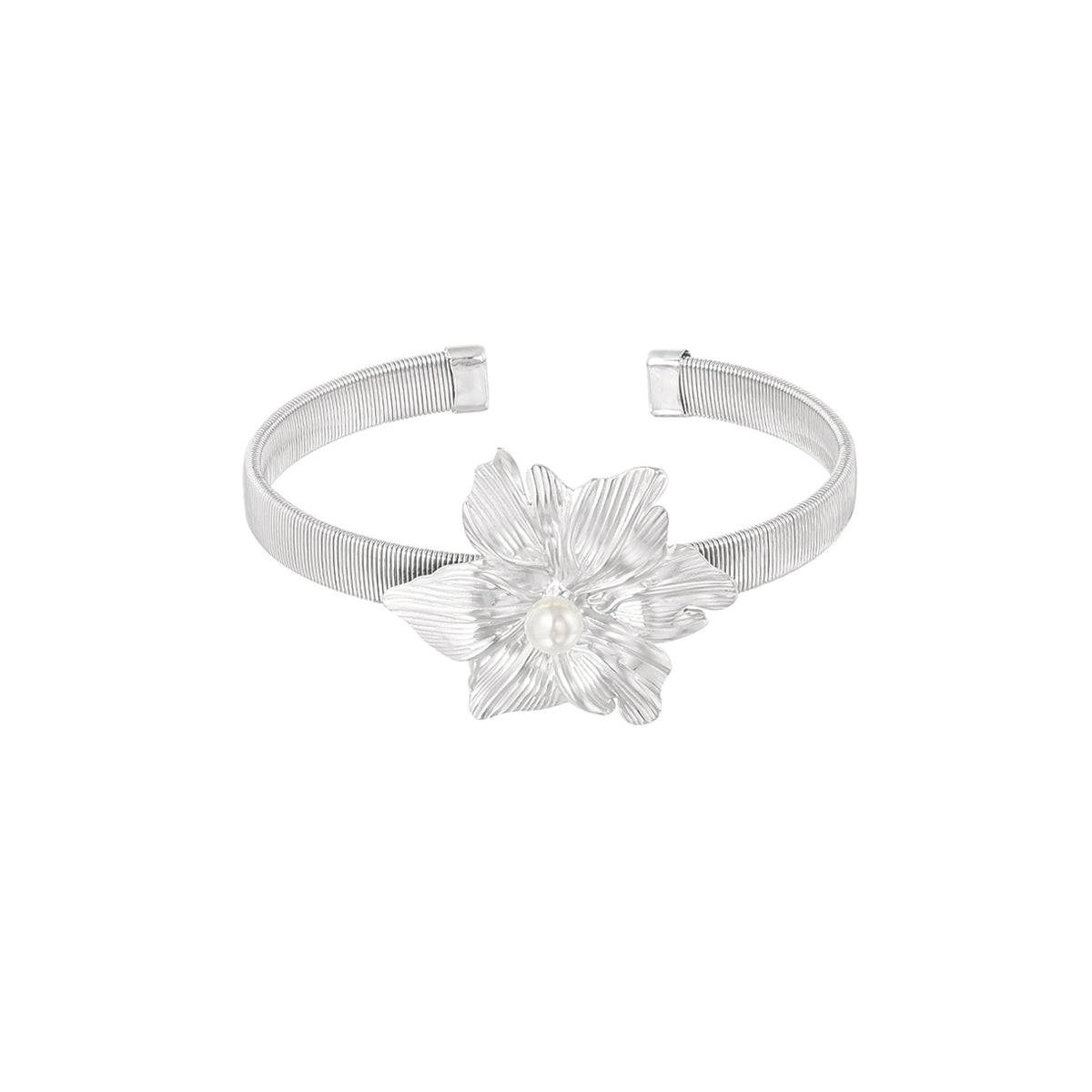 Blooming Flower Bangle Bracelet Silver – Elegant Floral Cuff Jewelry