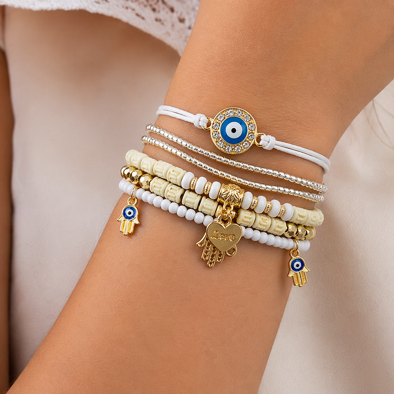 Bohemian Charm Bracelet Set with Hamsa and Evil Eye