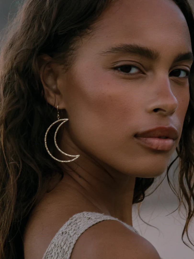 Gold Plated Crescent Moon Drop Earrings – Hammered Boho Statement Earrings for Women