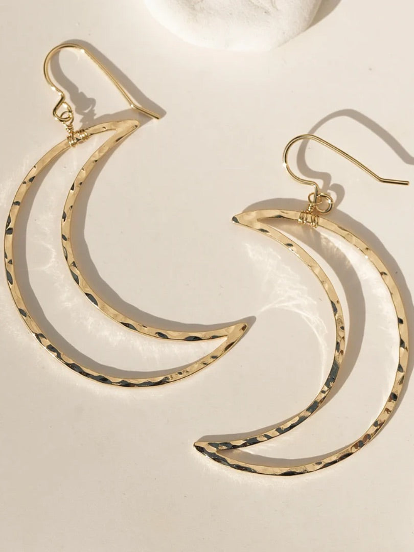 Gold Plated Crescent Moon Drop Earrings – Hammered Boho Statement Earrings for Women