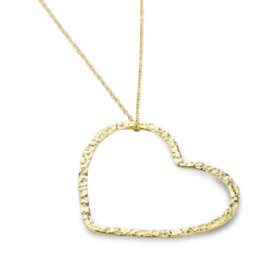 Gold Plated Hammered Heart Necklace – Open Outline Pendant Design
