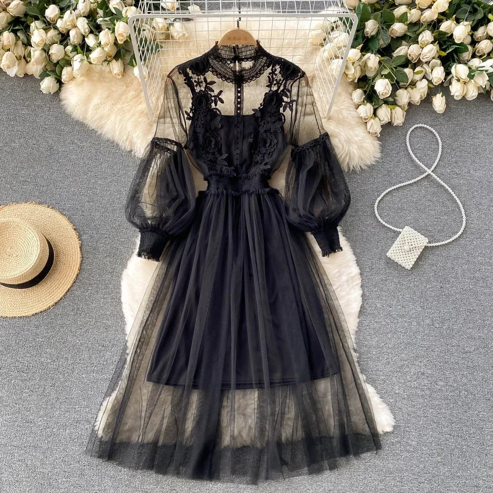 2 Pcs/Set Women Dress Suit Shirring Floral Embroidery See-through Lace Lantern Sleeves