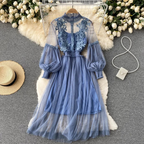 2 Pcs/Set Women Dress Suit Shirring Floral Embroidery See-through Lace Lantern Sleeves