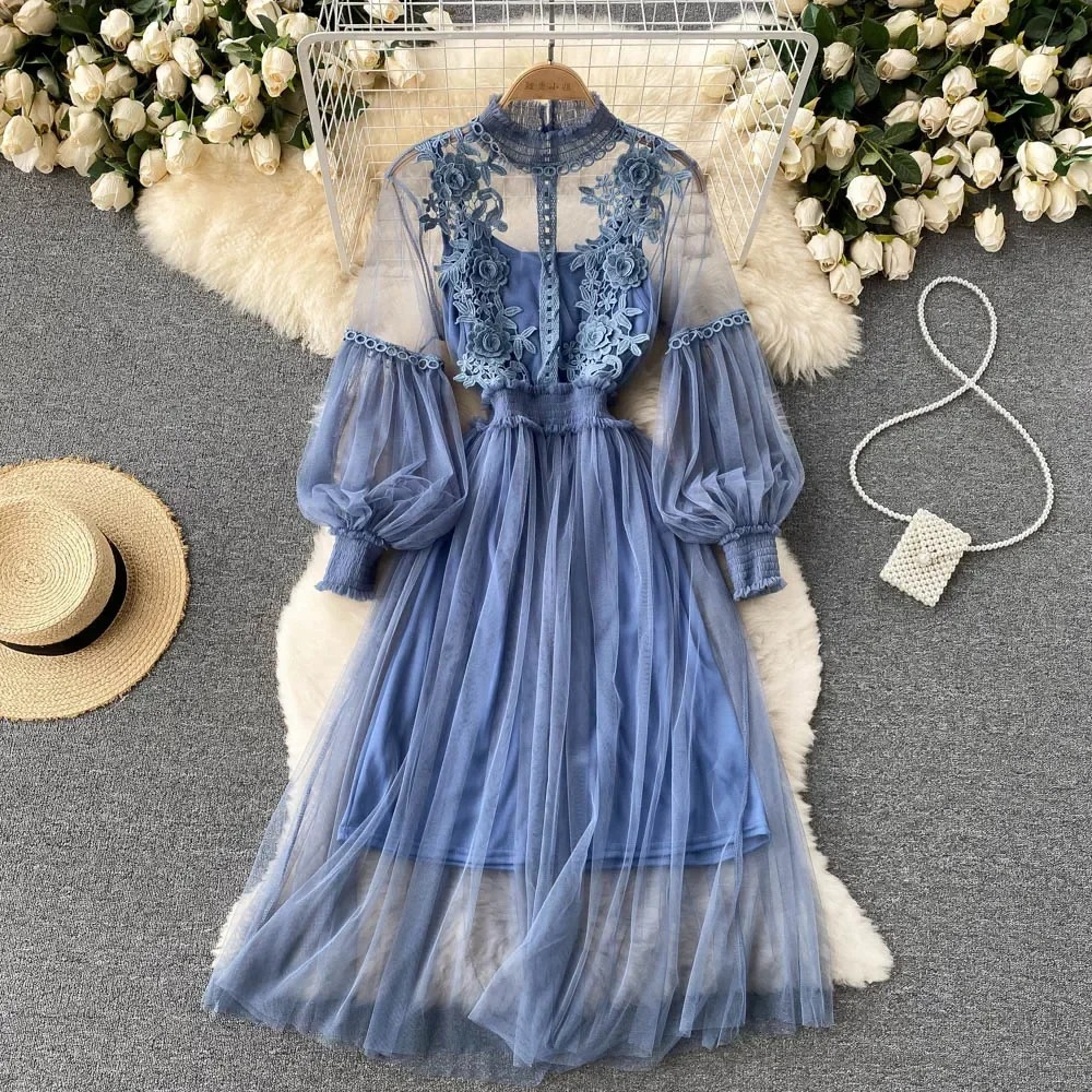 2 Pcs/Set Women Dress Suit Shirring Floral Embroidery See-through Lace Lantern Sleeves
