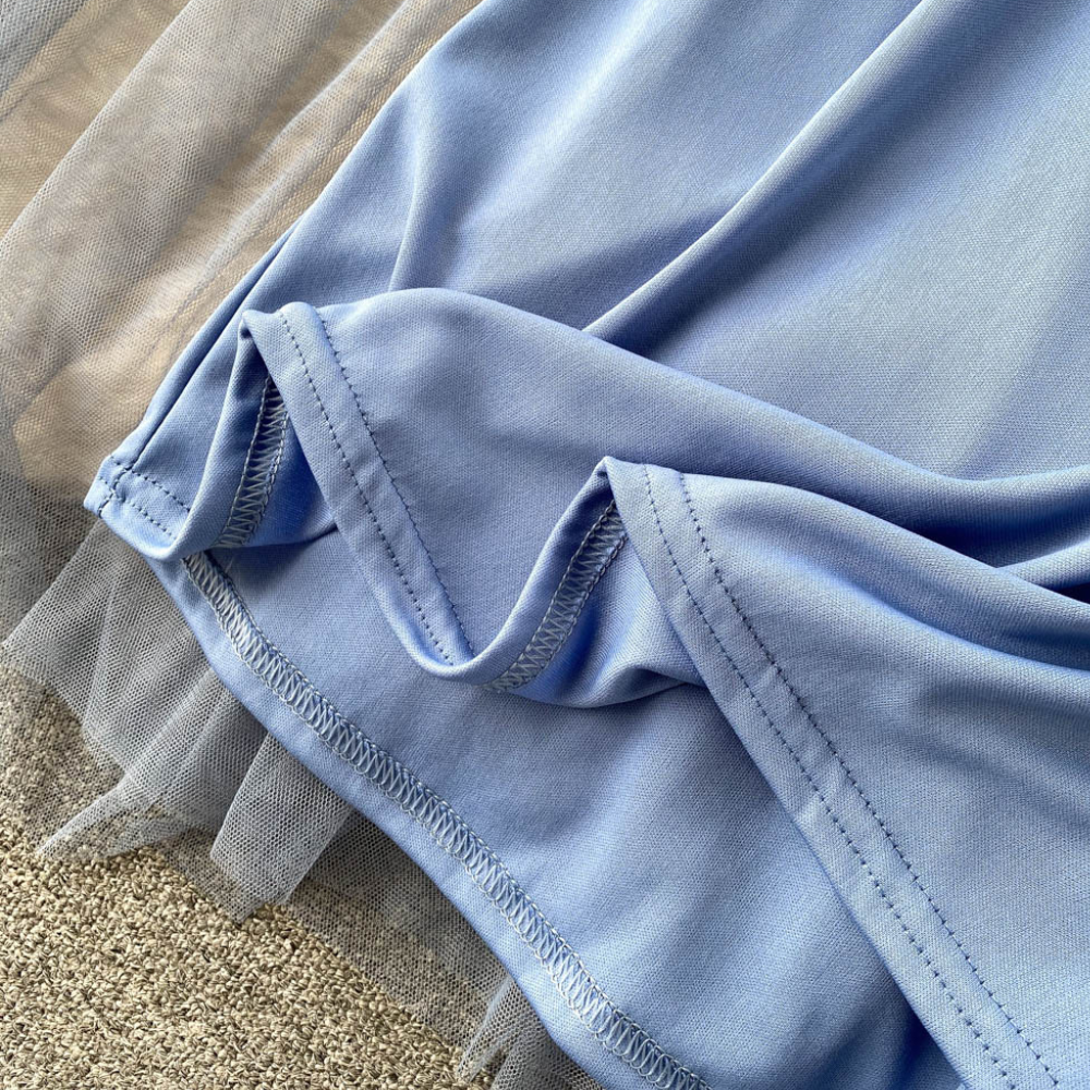 2 Pcs/Set Women Dress Suit Shirring Floral Embroidery See-through Lace Lantern Sleeves