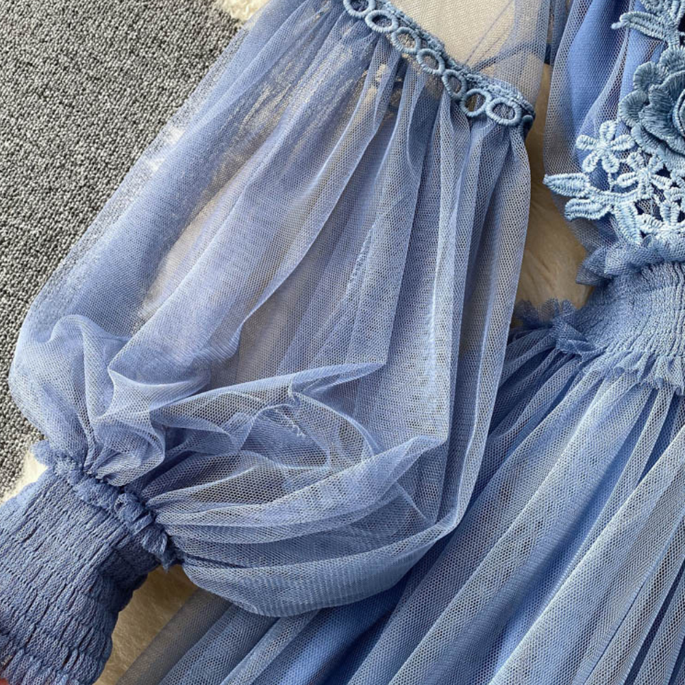 2 Pcs/Set Women Dress Suit Shirring Floral Embroidery See-through Lace Lantern Sleeves