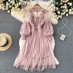 2 Pcs/Set Women Dress Suit Shirring Floral Embroidery See-through Lace Lantern Sleeves