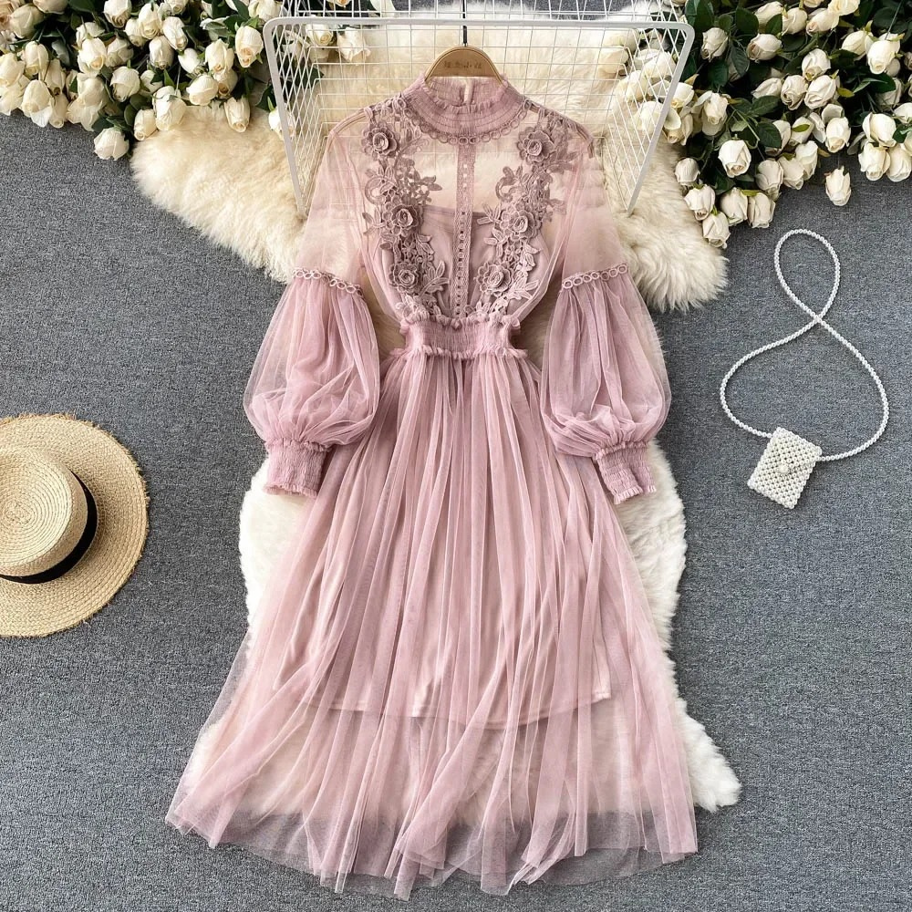 2 Pcs/Set Women Dress Suit Shirring Floral Embroidery See-through Lace Lantern Sleeves
