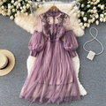 2 Pcs/Set Women Dress Suit Shirring Floral Embroidery See-through Lace Lantern Sleeves