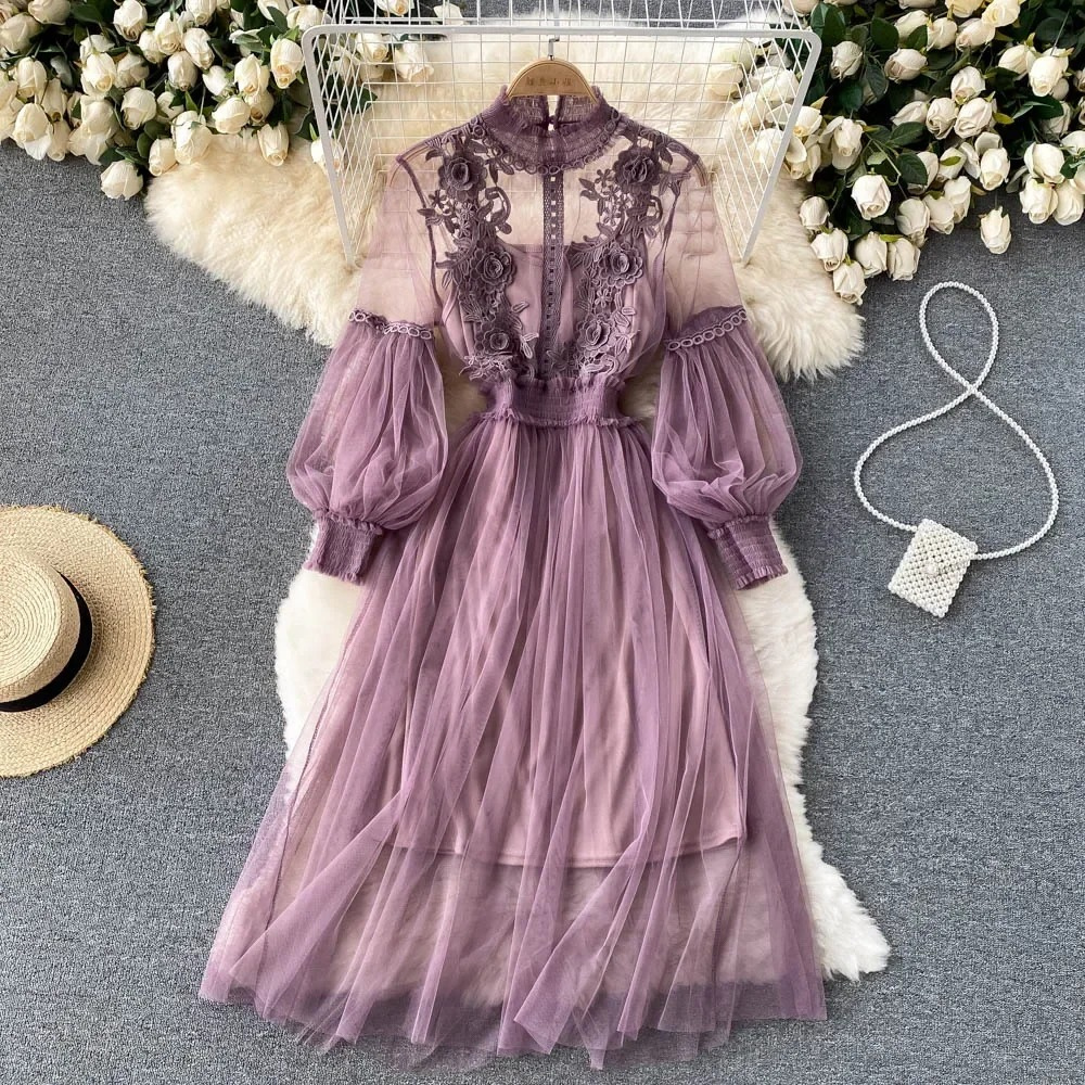2 Pcs/Set Women Dress Suit Shirring Floral Embroidery See-through Lace Lantern Sleeves