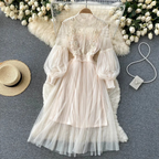 2 Pcs/Set Women Dress Suit Shirring Floral Embroidery See-through Lace Lantern Sleeves