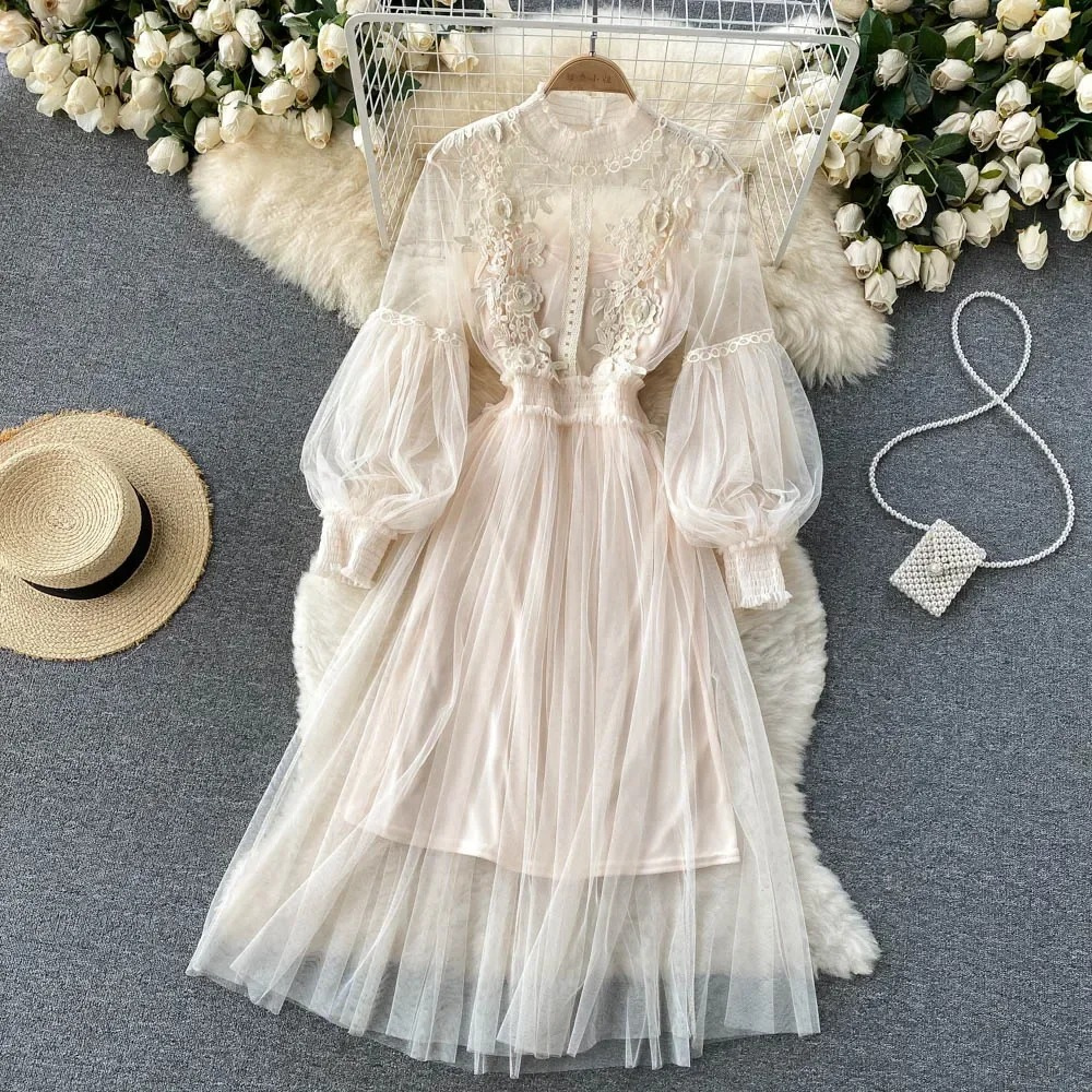 2 Pcs/Set Women Dress Suit Shirring Floral Embroidery See-through Lace Lantern Sleeves