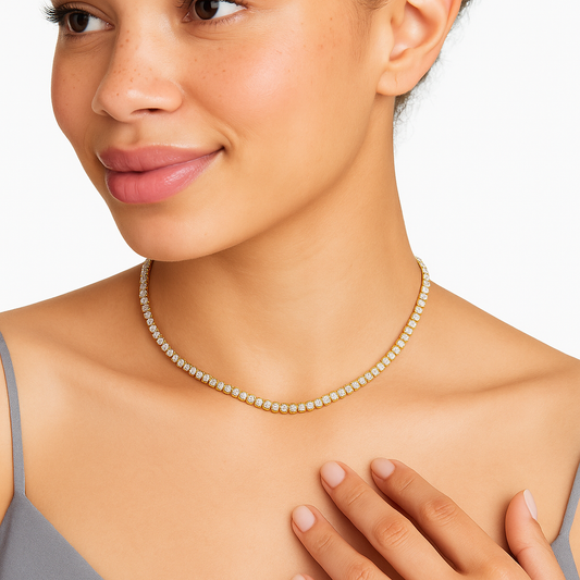 Woman wearing elegant diamond tennis necklace, close-up. Jewelry fashion, luxury accessory, sparkling diamonds, gold chain, sophisticated style.