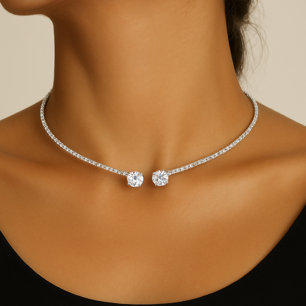 Elegant diamond choker necklace on woman's neck, featuring two large round diamonds and a row of smaller diamonds, perfect for luxury fashion.