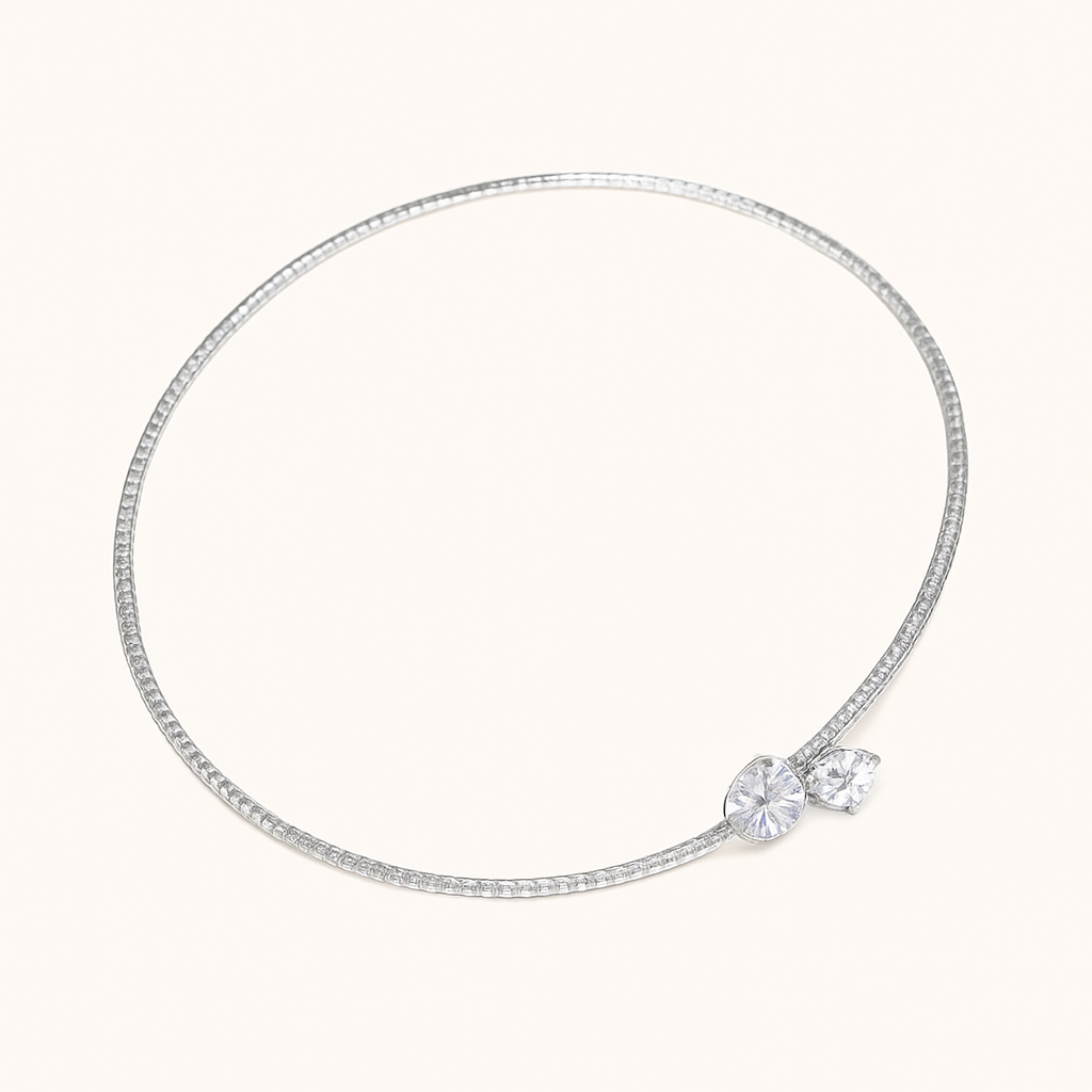 Elegant silver necklace with two sparkling round diamonds, minimalist design, luxury jewelry, perfect for special occasions and gift ideas.