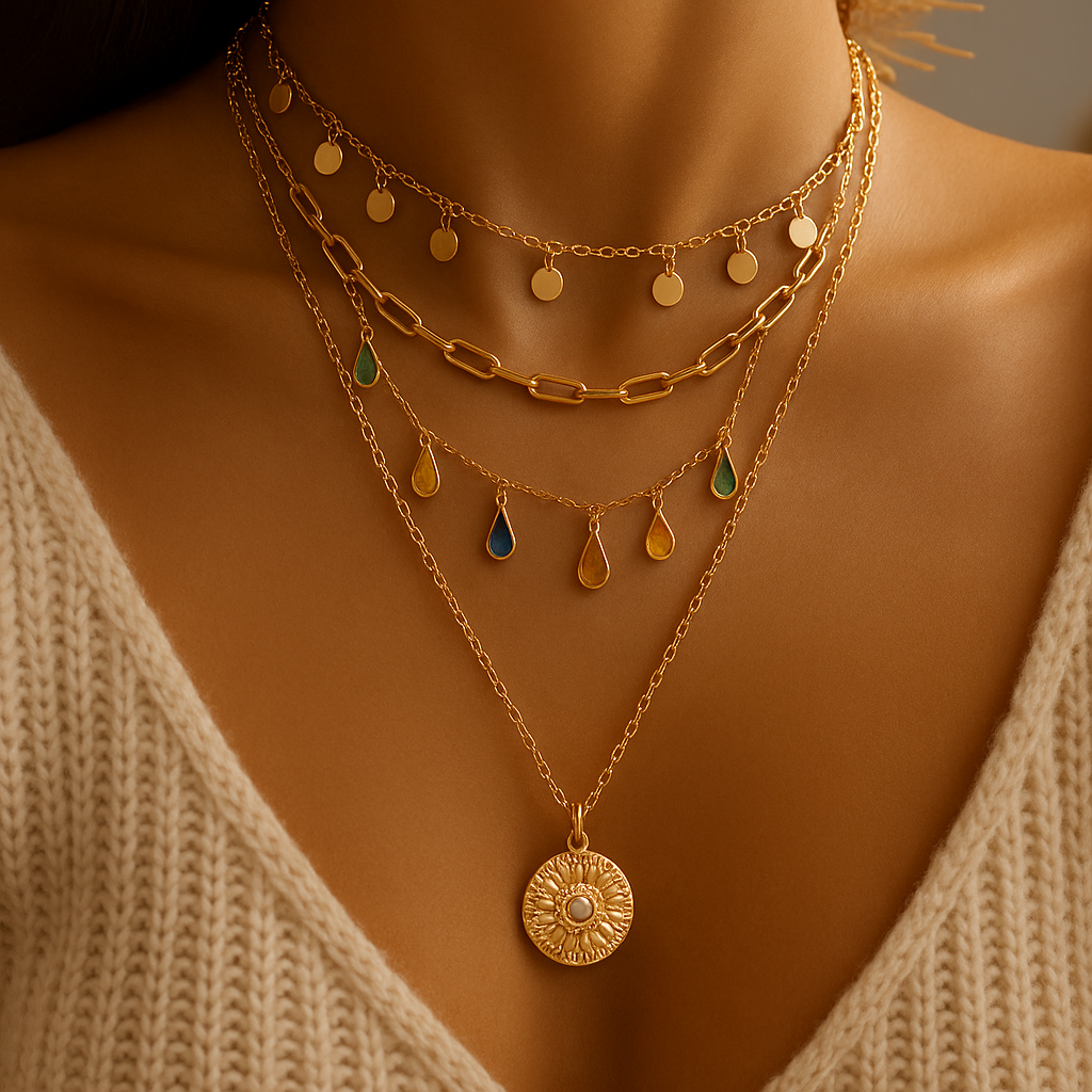 Multi-Layered Gold-Tone Necklace with Colorful Drop Charms